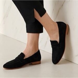Quince Women's Italian Suede Penny Loafers Luxury Comfort Shoes in black. NWT